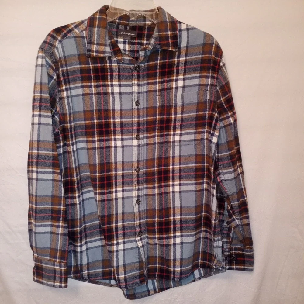 Eddie Bauer Flannel Shirts Mens Sz L Long‎ Sleeve Button Up Green Blue Plaid 2